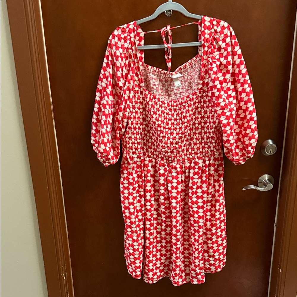 Red and White Print Smocked Dress